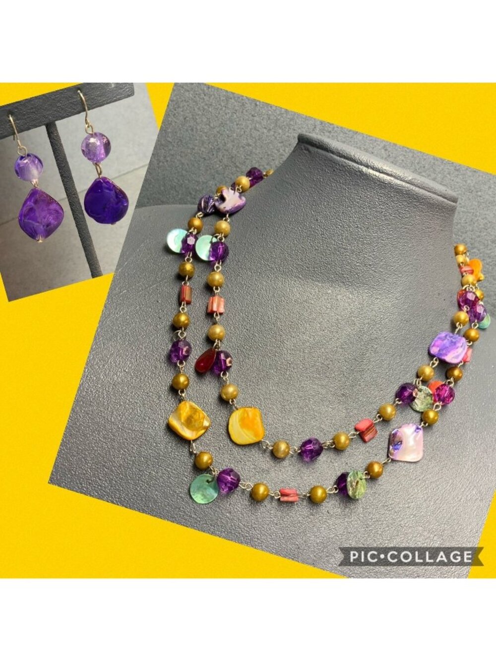Shell Necklace Earring Set Chunky 18 In Multicolor Purple Gold Silver Pearl Glam
